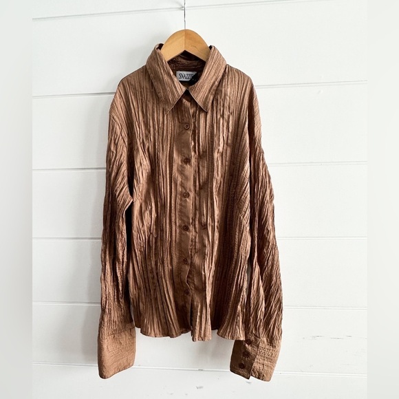 Vintage “Snazzie” Bronze Long Sleeve Button down Crinkle Top - Size XL - Picture 5 of 8